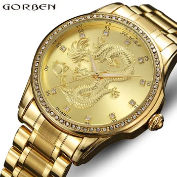 

Gold Carved Dragon Golden Watches Mens Luxury Top Brand Stainless Steel Quartz Chinese Wrist Watches Hours Bracelets Male Clock