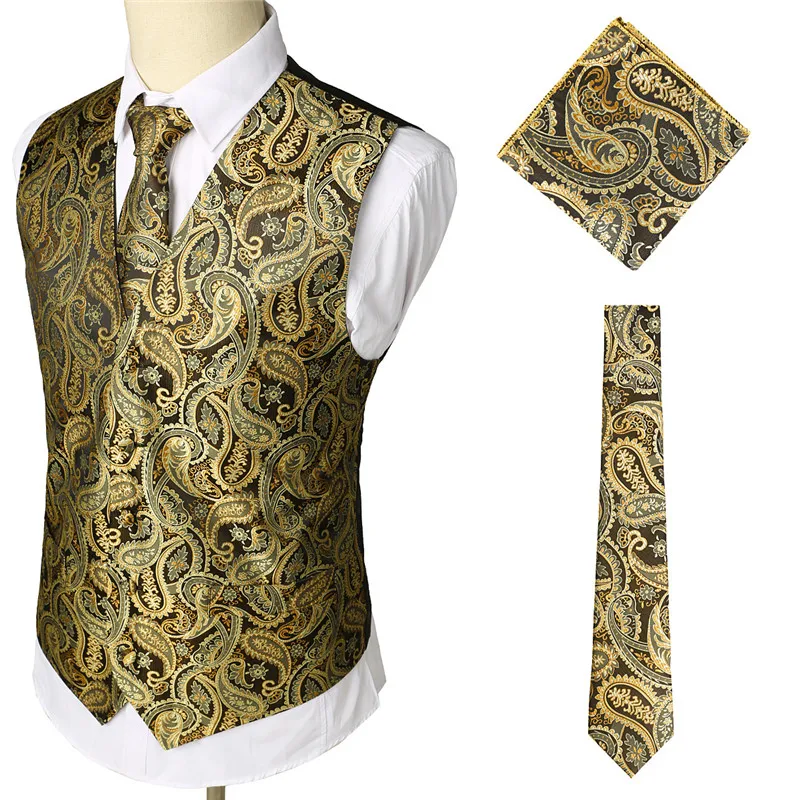 Mens Classic 3pcs Gold Paisley Jacquard Waistcoat Vest Handkerchief Party Wedding Floral Pocket Squ