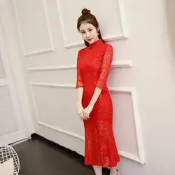 Летние красные длинные леди кружева Qipao, Сексуальная китайский свадебное платье невесты вышивка Элегантный Русалка Cheongsam Размеры S-XXL