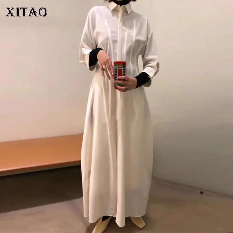 

XITAO Fish Bone Suture Waist White Dress Women Clothes 2019 Elegant Vintage Turn Down Collar Slim Autumn New Fashion ZLL4182