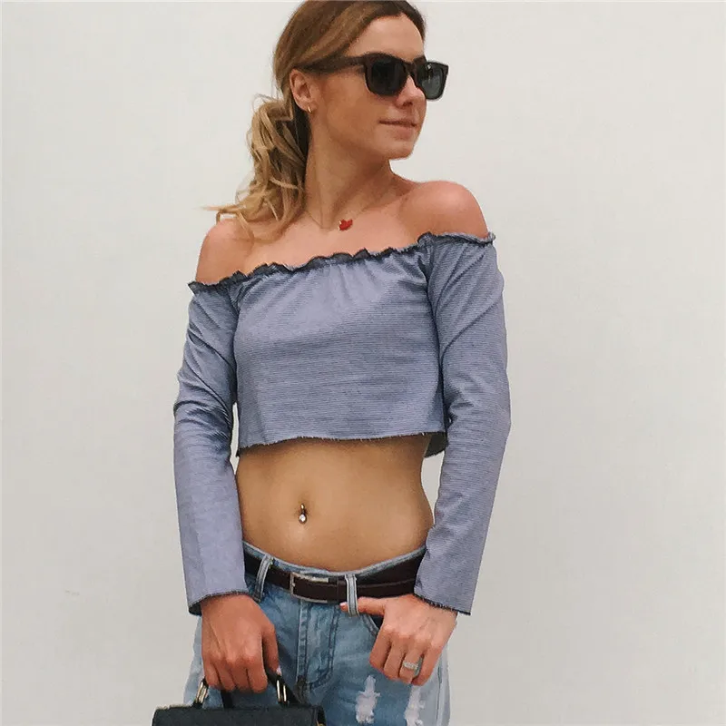 Sexy Women Off Shoulder Striped Crop Top Summer Woman Slim Slash Neck Long Sleeve Tshirt | Женская одежда