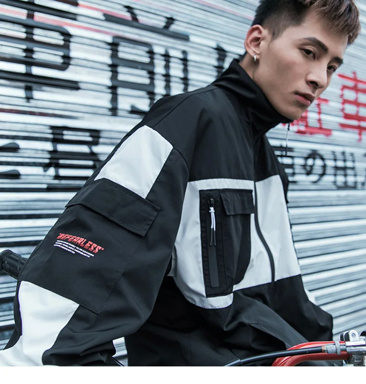 Hip Hop Men Streetwear Jacket Windbreaker Chinese Kanji Color Block Retro Track Jackets Coat Harajuku Jacket Outwear Oversized