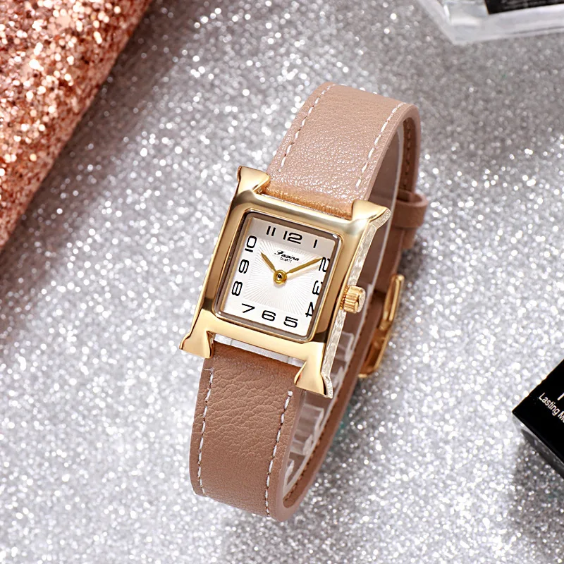 

Dropship2019 new fashion white square dial ladies watch simple digital scale gold case leather strap quartz ladies watch ladies