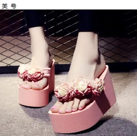 

Beach Women Shoes Slippers Sweet Girls Flower Thick Bottom Sandals Wedge Lazy Shoes Flip Flops Platform Female Slippers Size 42