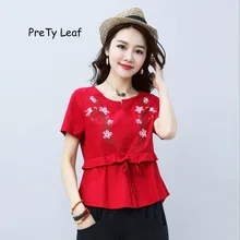 Летняя новая Стильная хлопковая свободная футболка с вышивкой в народном стиле