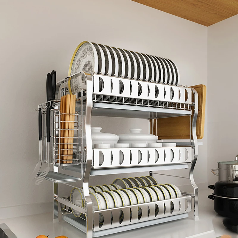 

304 Stainless Steel Dish Rack Drain Rack Kitchen Rack Three-layer Drying Filter Tableware Storage Box Supplies