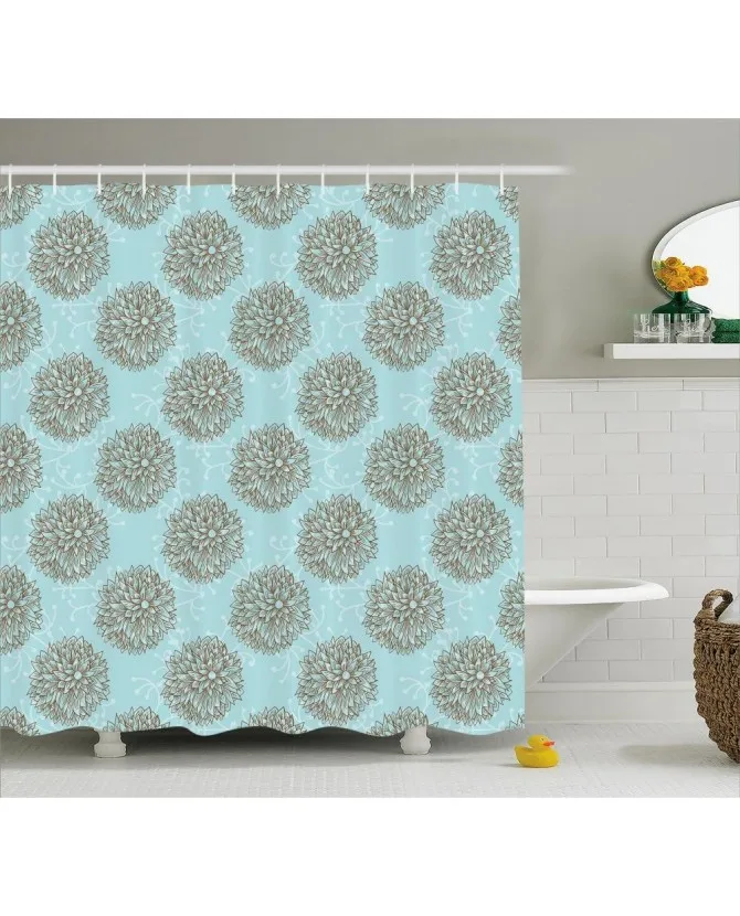 Turquoise Douchegordijn Vintage Bloemen Print Voor Badkamer Waterdichte