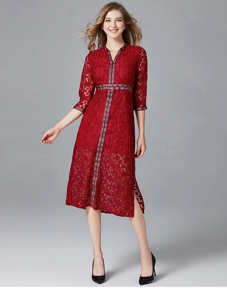 MUSENDA размера плюс, женское красное кружевное платье с рукавом 3/4, туника с разрезом, новинка, весна-осень, женское офисное винтажное платье для вечеринок