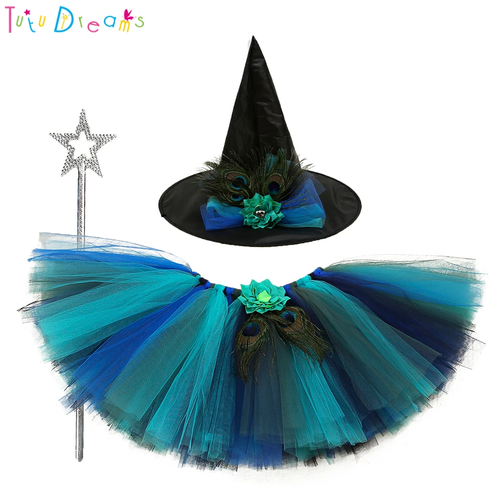 

Girl Witch Peacock Tutu Skirt With Hat And Fairy Wands Halloween Flowers Girl Birthday Party Ballet Dance Skirts Purim Clothes