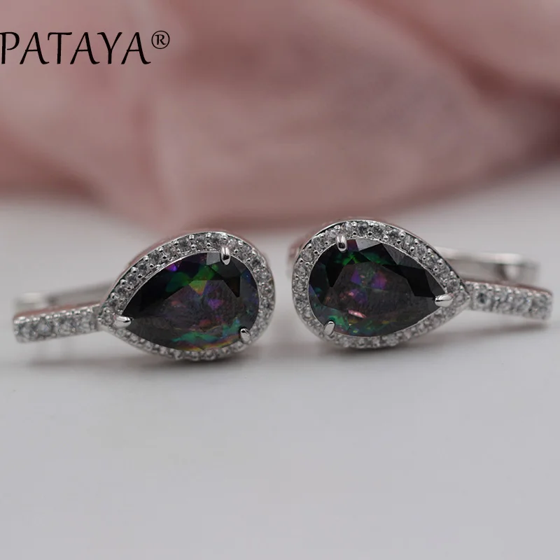 PATAYA New RU Hot True White Gold Dangle Earrings Oval Natural Zircon Earrings Women AB Multicolor Wedding Fine India Jewelry - Image 2