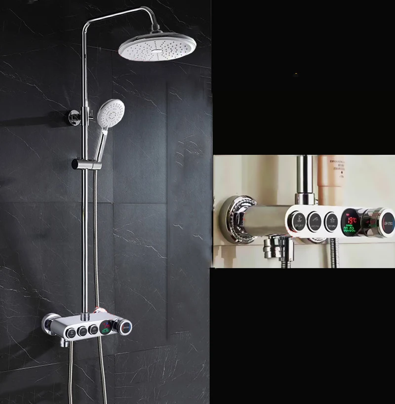 

Digital Shower Faucets Set Chrome 8'' Rainfall Shower Head Temperature Screen Single Handle Mixer Tap Bath Shower Faucet