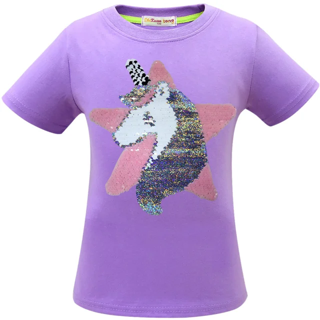 Girls Magic Glitter Reverse Sequin Top Unicorn Happy Day Face T shirts