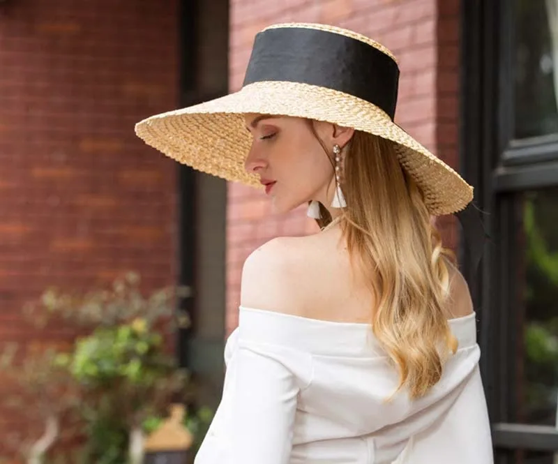 Women Classical Wheat Straw Hat Summer Cap 18cm Large Wide Brim Sun Hat Elegant Floppy Ribbon Beach Hat Vocation Derby Hat