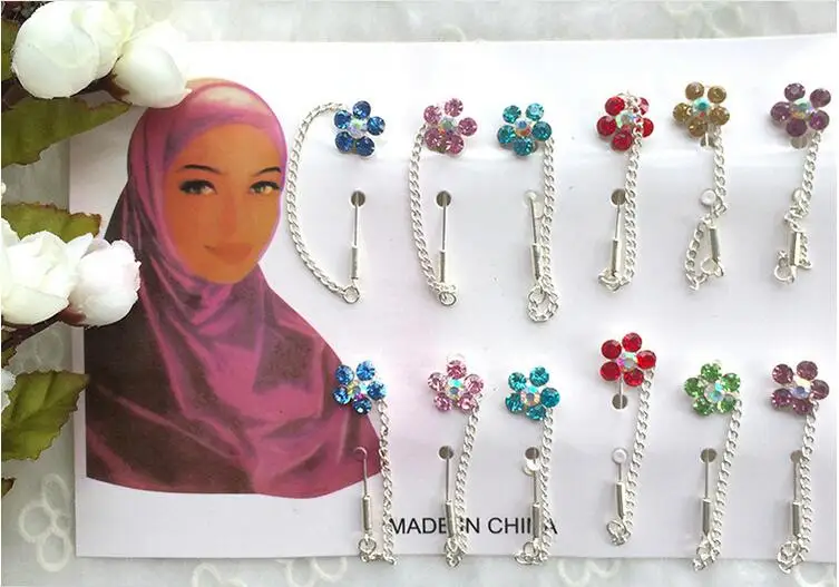 Hijab Pins Brooches Wholesale 12pcs Flower Crystal Muslim For Women 