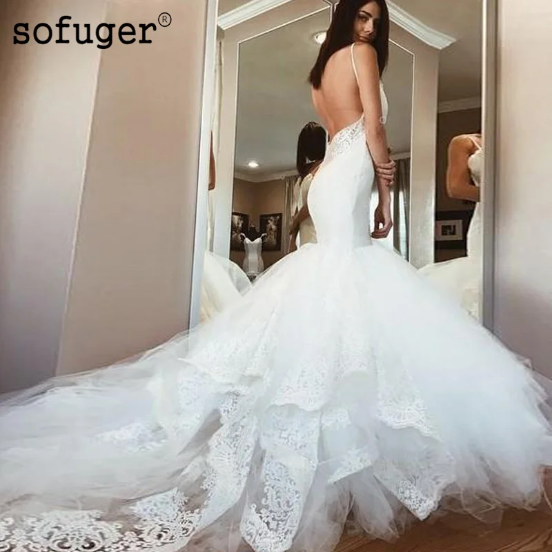 

Mermaid Sweetheart Spaghetti Lace Appliques Tiered Backless Vestidos de Noivas Court Train Wedding Bridal Dress