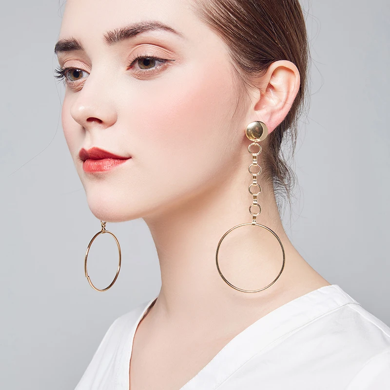 Tassel Long Chain Big Hoop Round Drop Earrings Alloy Circle Pendant