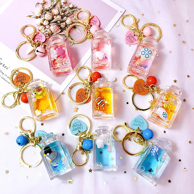 

Cute Girl Heart Floating Ocean Doll Keychain Creative Water World Animal Quicksand Key Chain Bag Pendant Key Ring