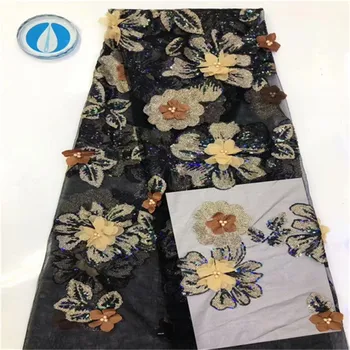 

Sequins Beads Lace Fabric 2019 High Quality African French Black & Yellow 3D Lace Fabric With Beads For Nigerian Wedding Dress