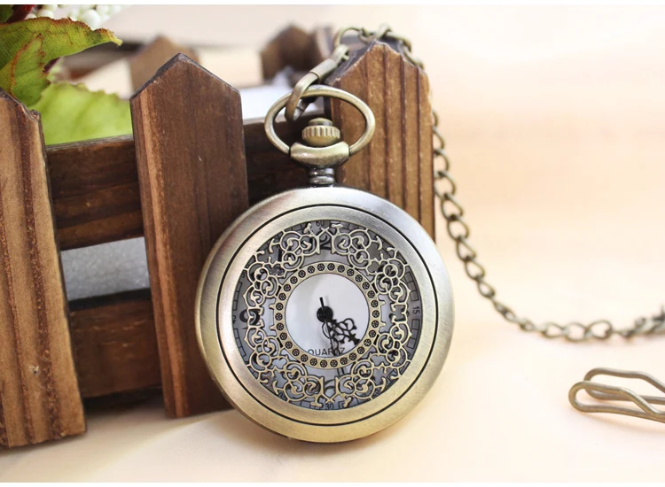 Classic Elegant Flower Gift Pocket Watch Black Bronze Stainless Steel