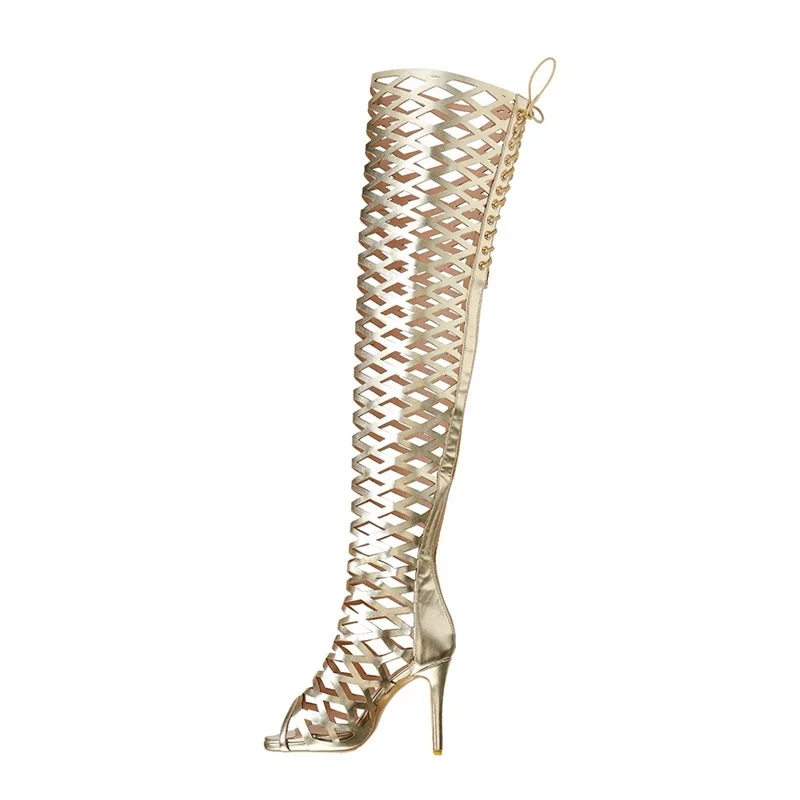 Bota La Recortes Muslo As Cuero 44 Picture Oro Espejo Tamaño Toe Up Peep Zapatos Zip De Hueco Lace Encima Rodilla Por Mujeres Botas 36 Sandalia BPqOafw