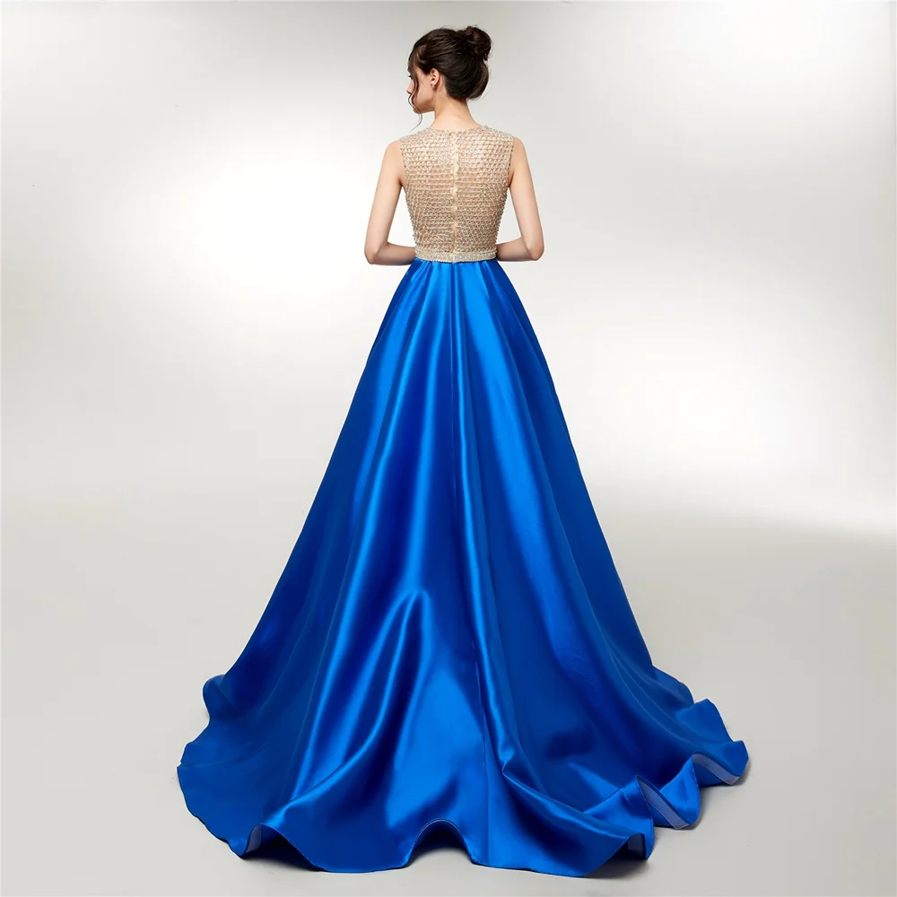 CEEWHY v-образным вырезом синий вечерние платья бисером-линии атласная вечернее платье платья для выпускного вечера мусульманских Винтаж