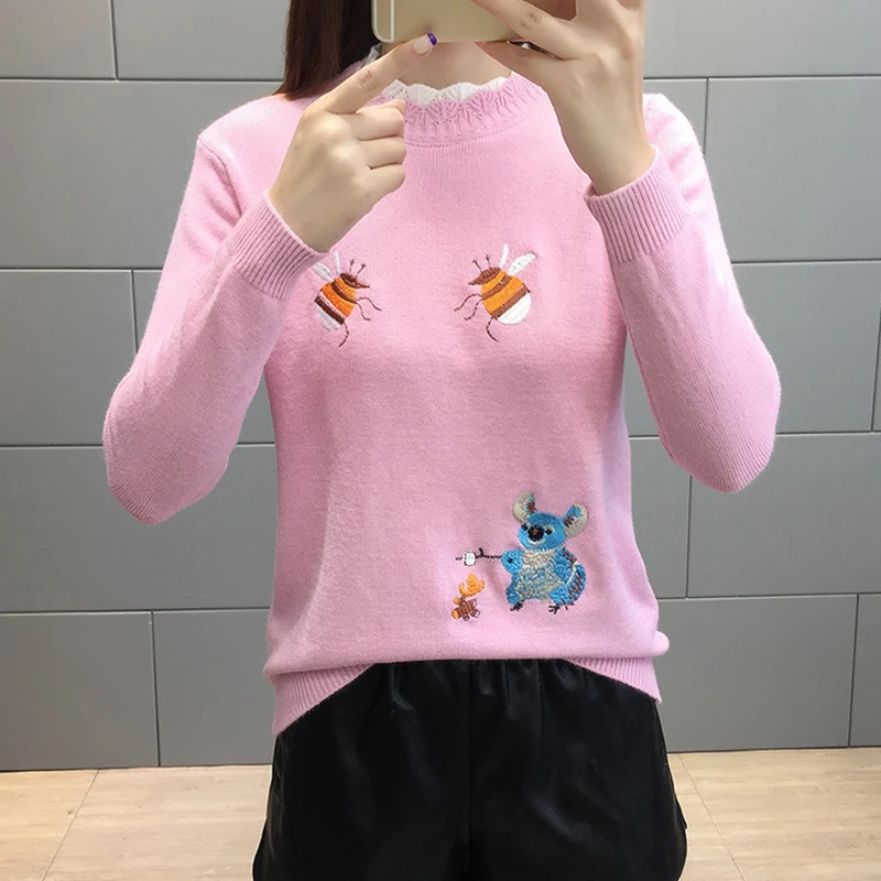 Ugly Christmas Sweater Pull Femme Embroidery Sweater Women 2018 Korean Cute Kawaii Pullover Pink White Jumper Sueter Mujer Knit