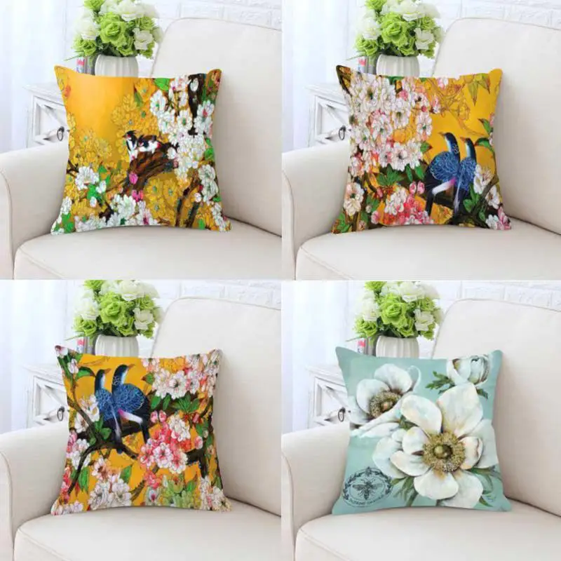 

Japanese Style Flower Cushion Bird Pastoral Small Fresh Rose Petal Chinese Ink Garden Lotus Flower Pillow For Home Accessories