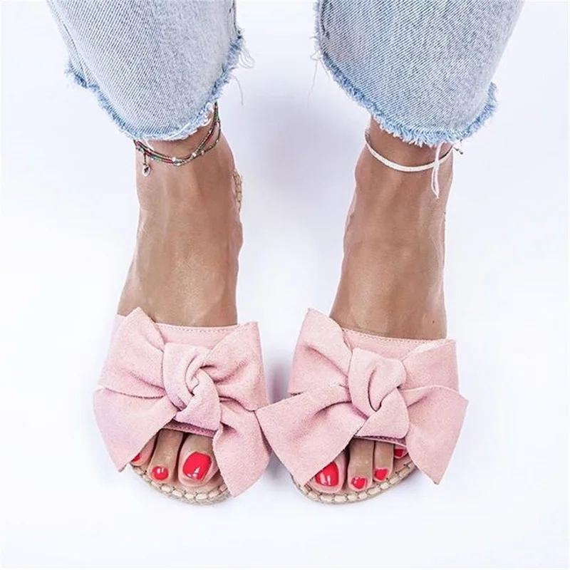 pink B WENYUJH/Новинка; женские босоножки без застежки с бантом на плоской подошве; леопардовые льняные Летние эспадрильи из конопли; размеры - Цвет: pink B