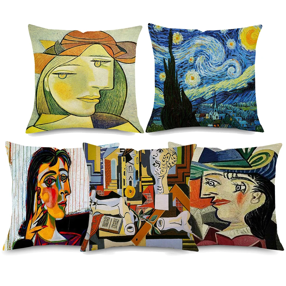 

Picasso Watercolor Painting Cushion Covers World Famous Art Abstract Portrait Beige Linen Pillow Case Bedroom Decor