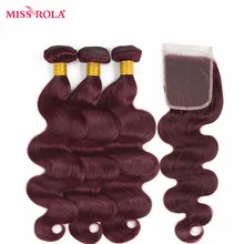 Miss Rola Hair Pre-colord Brazilian Body Wave Hair Weaving 3 Bundles With Closure #99J Color 100% Human Non-Remy Hair Extension