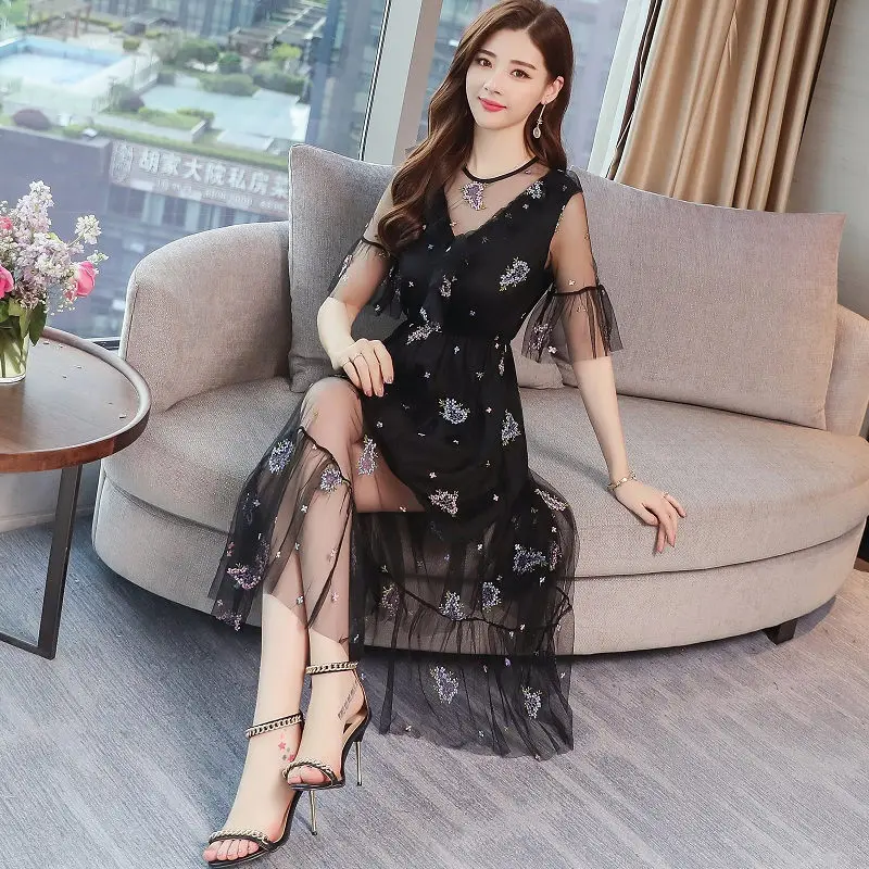 Корейское летнее платье, женское Повседневное платье, черное платье с расклешенными рукавами, высокая талия, Ретро стиль, сексуальное кружевное платье с вышивкой, платья для вечеринок