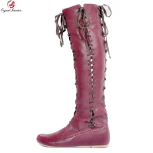 Оригинальное предназначение; женские сапоги до колена; стильные сапоги с круглым носком, визуально увеличивающие рост; пикантная обувь винно-красного и желтого цвета; женская обувь; американские размеры 4-15