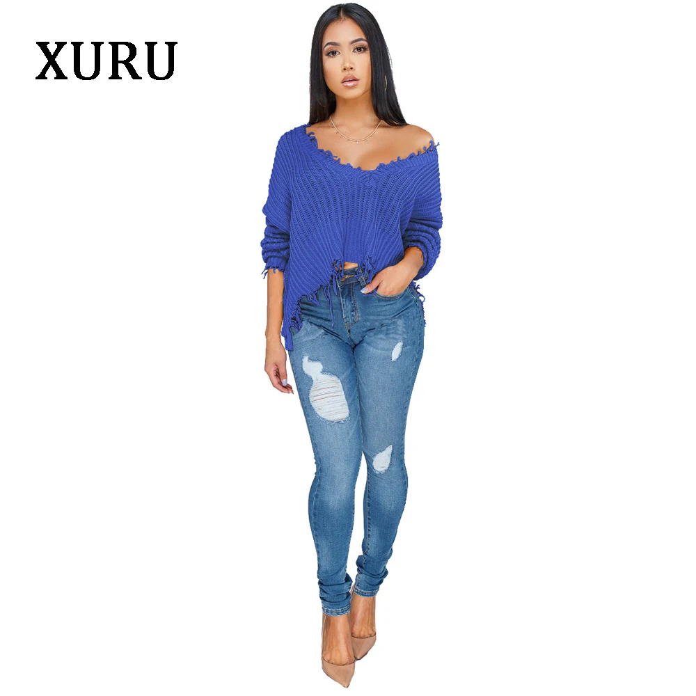 XURU new hot-selling sweater women's front and back two wearing solid color hand-knitted pullover sweater low-cut irregular 