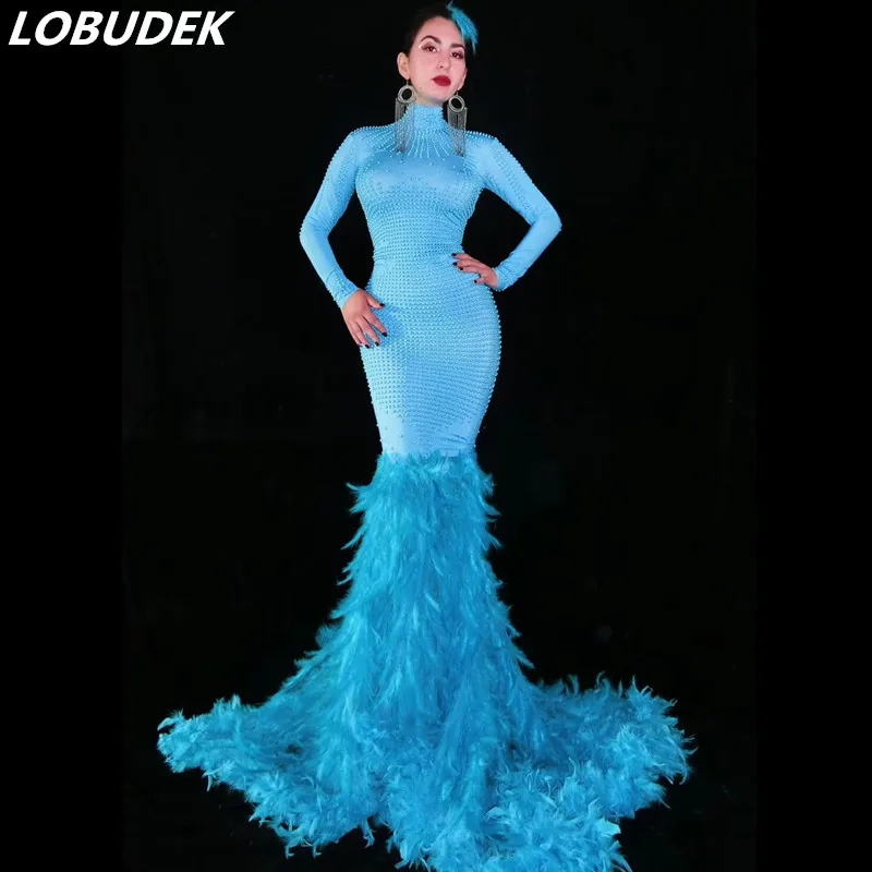 

2019 New Women Stylish Full Pearls Blue Feathers Mermaid Dress Evening Party Birthday Celebration Fashion Trailing Long Dress