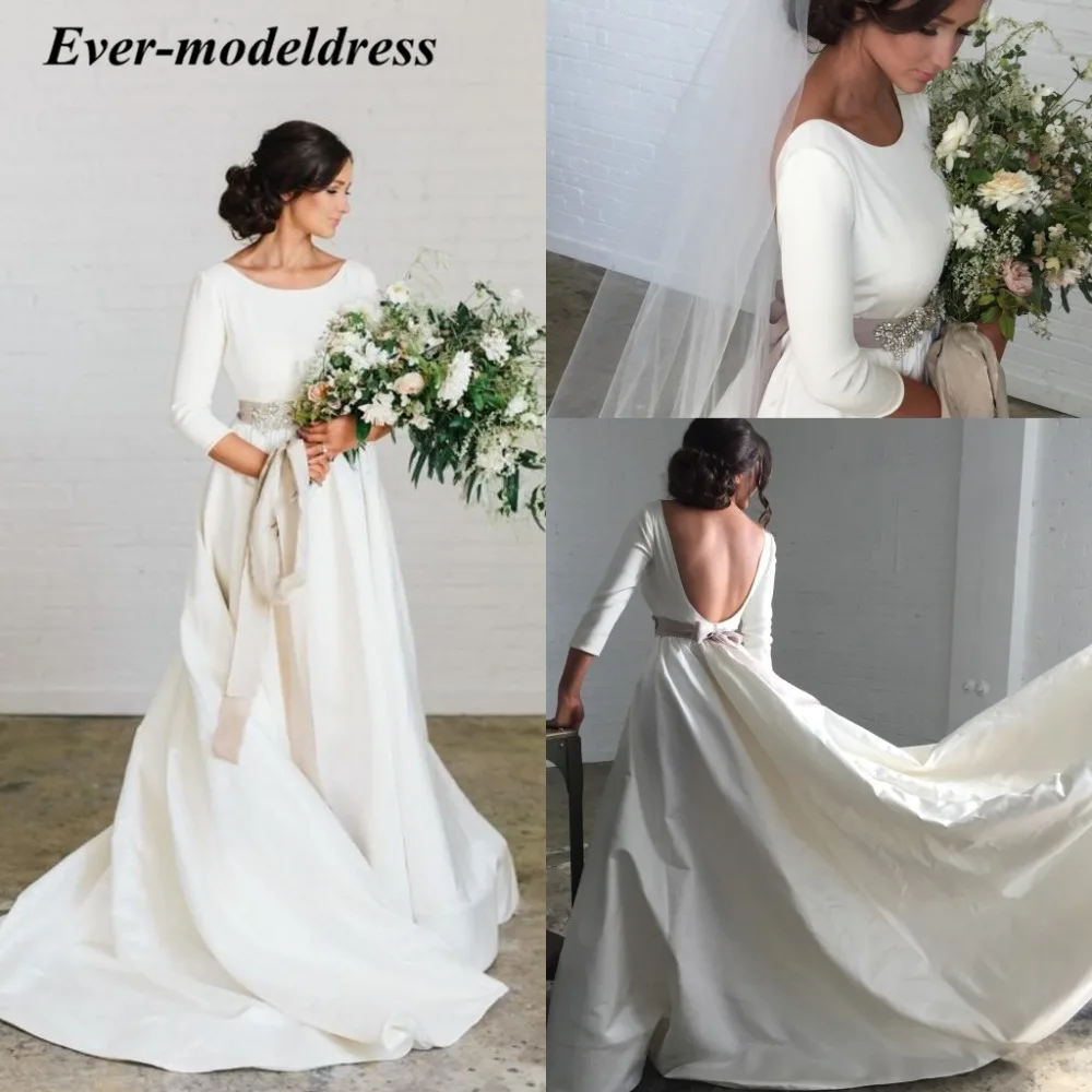 

Cheap Modest Wedding Dresses Long Sleeves 2019 Simple Bridal Gowns Satin Sashes Crystal Backless Elegant Vestido De Noiva