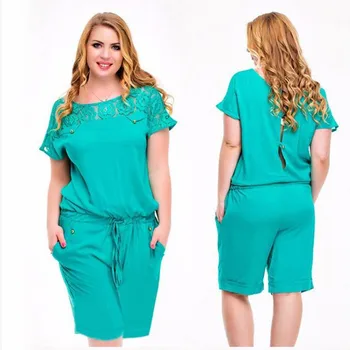 

Summer Casual Jumpsuits Lace Pocket Back Button Short Sleeve Elastic Waist O-Neck Rompers Short Pants Overalls Women Playsuit