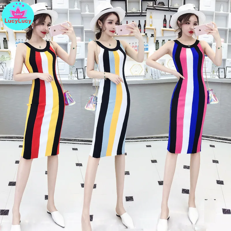 

2019 new summer women's fashion sexy temperament slim thin hanging neck striped knit bag hip color dress