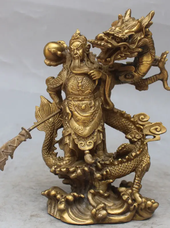 

Chinese Fengshui Bronze Guan Gong Yu Warrior God Sword Stand on Dragon Statue