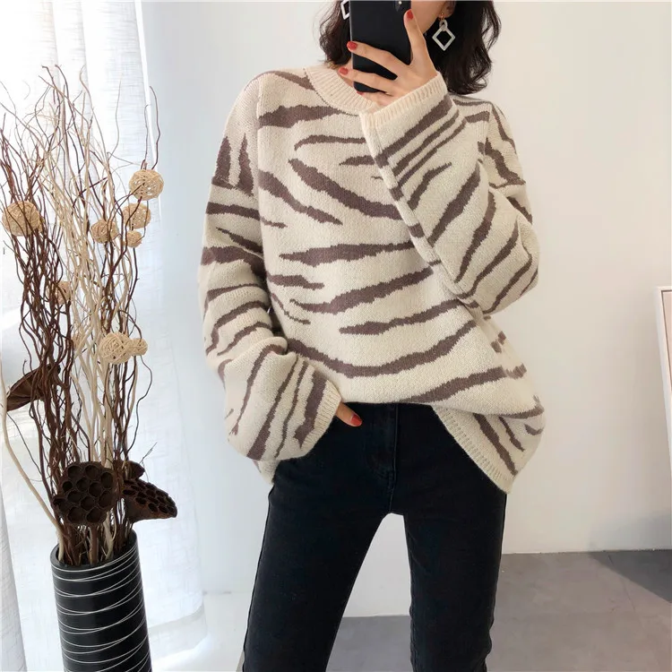 Женский свитер с животным дизайном и контрастным цветом в полоску зебры женский топ Арт#6621 - Цвет: Коричневый