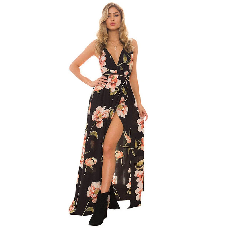 fashion sleeveless floral print maxi dress