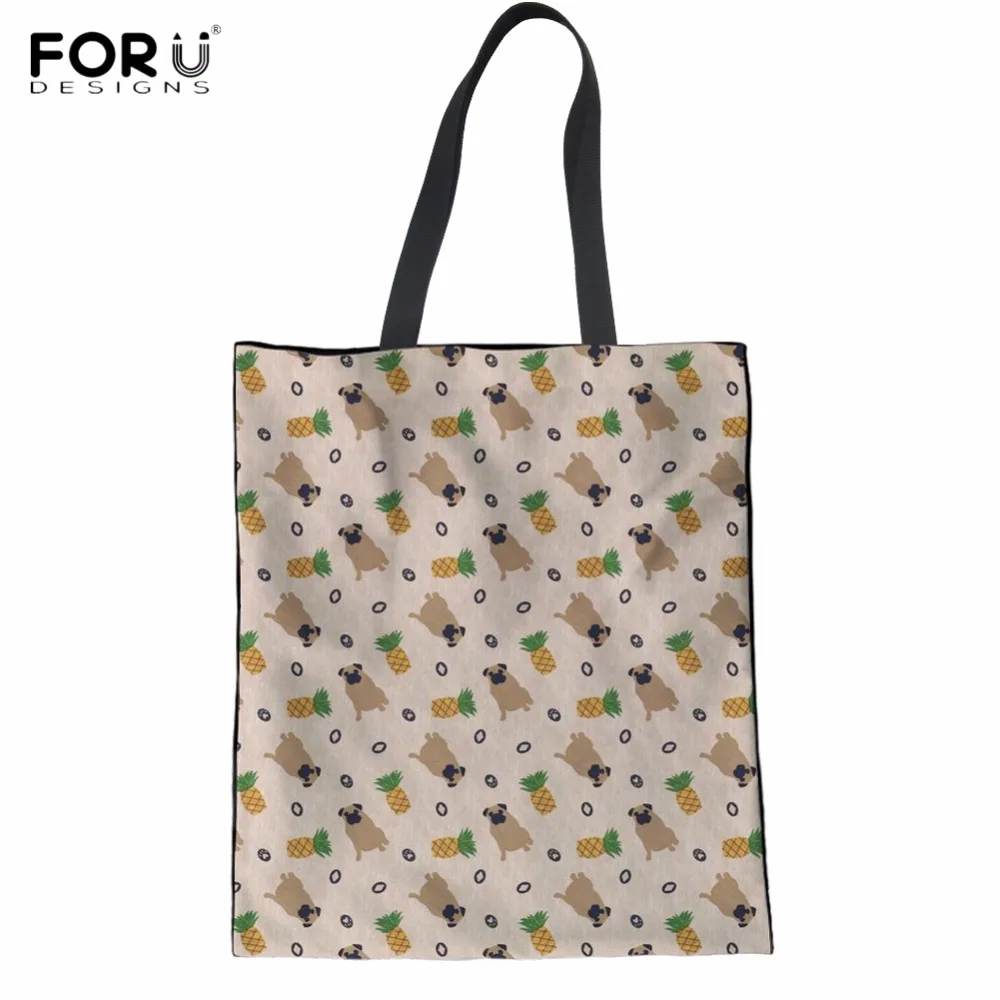 

FORUDESIGNS Fashion Funny Pug Dog/Puppy Love Pineapple Print Shopper Bags Woman Casual Shopping Tote Bag Reusable Cloth Eco Bags