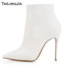 Женские Белые зимние теплые ботинки с острым носком; женская обувь на высоком каблуке; Высококачественная женская обувь ручной работы на молнии размера плюс;