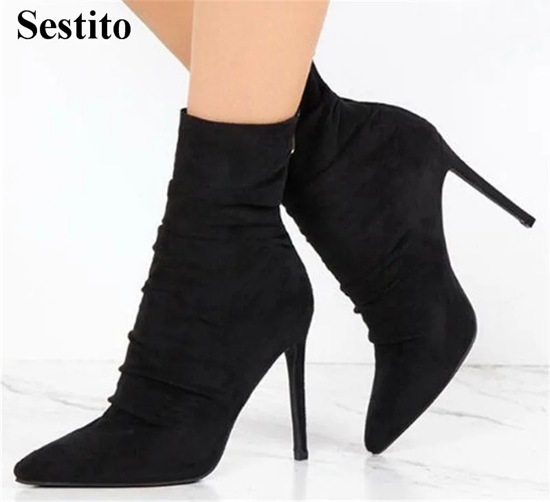 

Women Sexy Flock Slip-On Pointed Toe Basic Short Boots Spring/ Autumn Super High Thin Heels Solid Fashion Top Selling Shoes