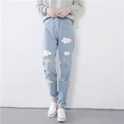 2018 Новый Для женщин джинсы Harajuku милые Cloud Print Джинсы для женщин Высокая талия плиссированные хлопок длинные джинсы женские # A028