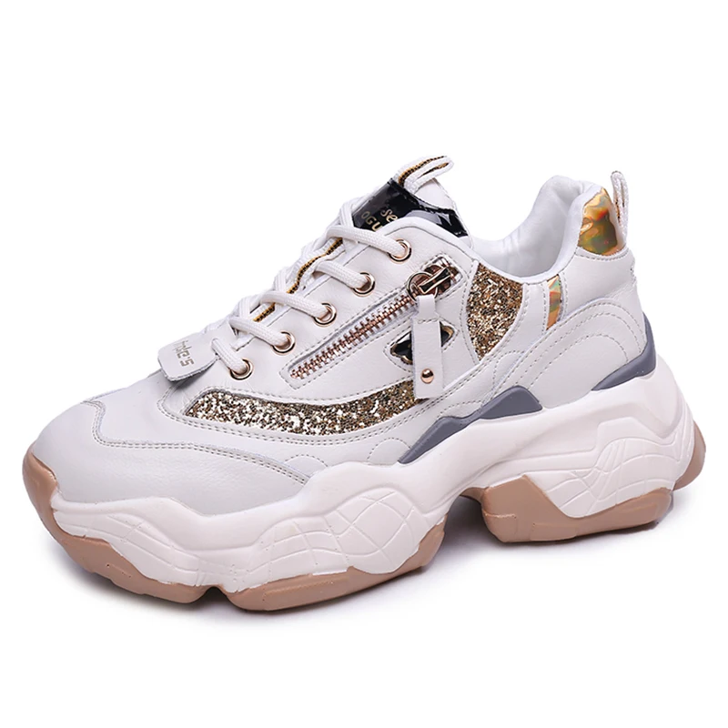 

Chunky Sneakers Women Vulcanize Shoes Zip Golden Glitter Platform Sneakers 2019 Spring Casual Footwear Woman zapatos de mujer
