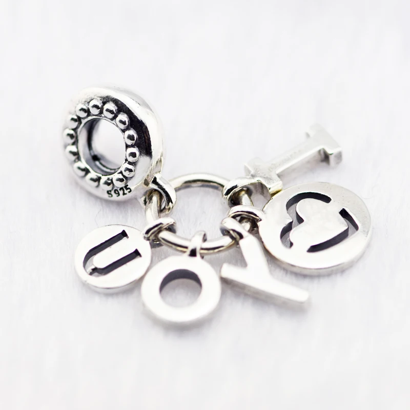 

100% 925 Sterling Silver I Love You Hanging Charm With Pink CZ Fit Bracelets DIY Beads for Jewelry Making Fine Jewelry SL687