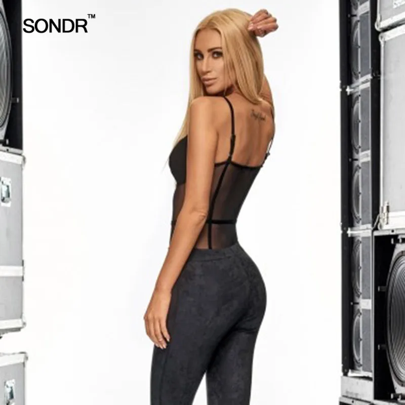SONDR 2019 Black Mesh выдалбливают жгут секс боди Для женщин глубоким v образным вырезом с