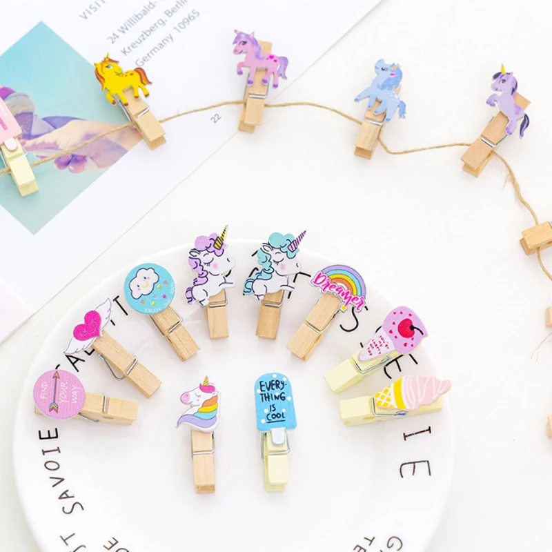 

10 pcs/lot Cartoon colored wooden clip Kawaii Photo Craft Clips Party decoration Clip with Hemp Rope Party Supplies