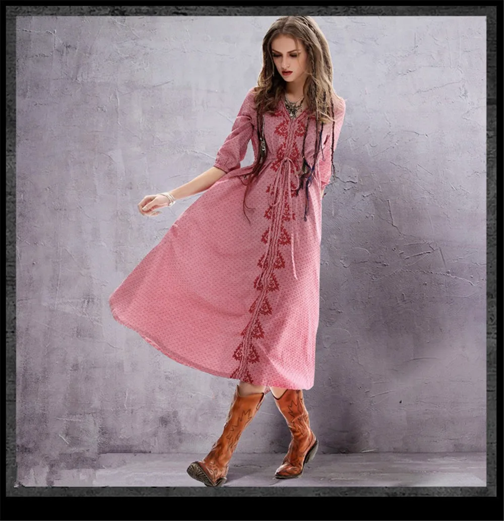 Vintage Elegant Women Dress Tunic Cotton Linen Dress Women V-Neck Flower Embroidery Dresses Vestidos Femininos Vintage Dresses (10)