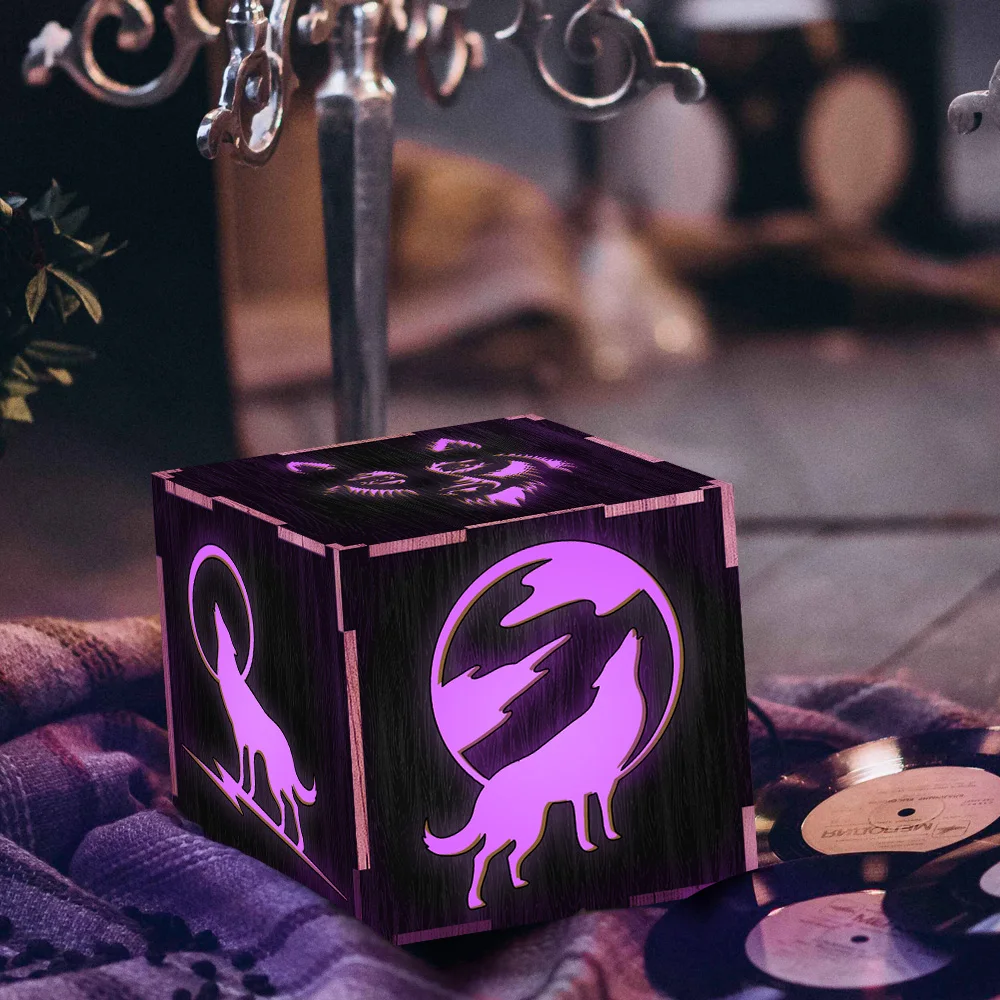 

1Piece Howling Wolf LED Night Light Ligting Wooden Box Wolf Moon Emblem Calming Mood Lamp with Remote Controller
